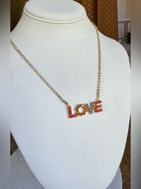 Allover LOVE Crystal Pendant Necklace - Gold with Pink and Orange Stones